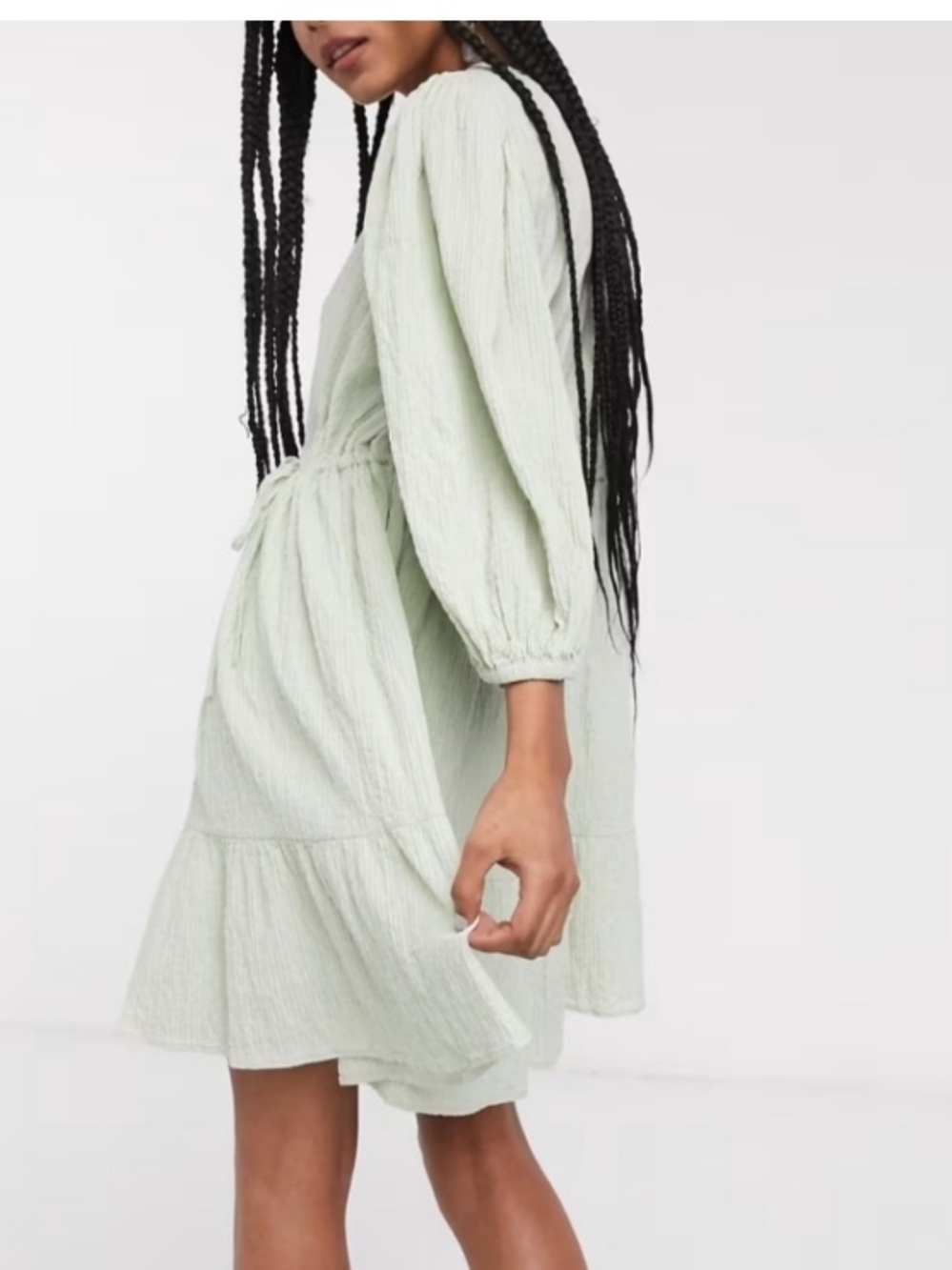 & Other Stories Shirred Faux Wrap Dress Size 4 Seafoam Green Cotton Lined Gauzy